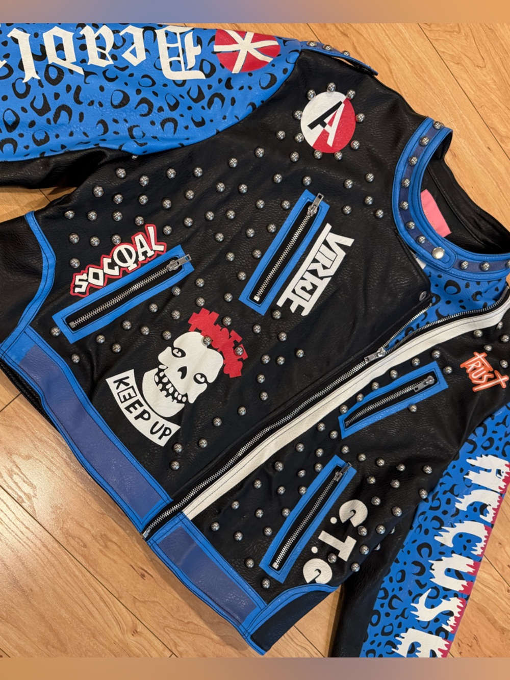 Azalea Wang 2X Studded Faux Leather Moto Jacket Blue Panther Punk Plus